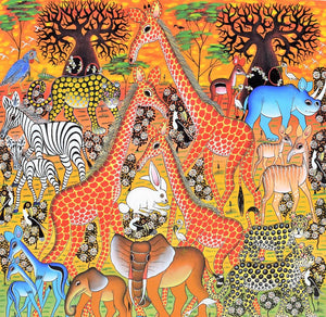 African painting of animals enjoying the night