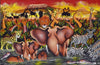 A handmade African painting of a animals in the Serengeti performing a parade across the parks