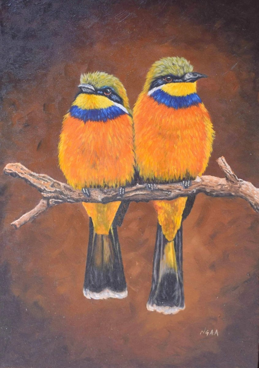 Handmade African painting ofsparrows in the wild