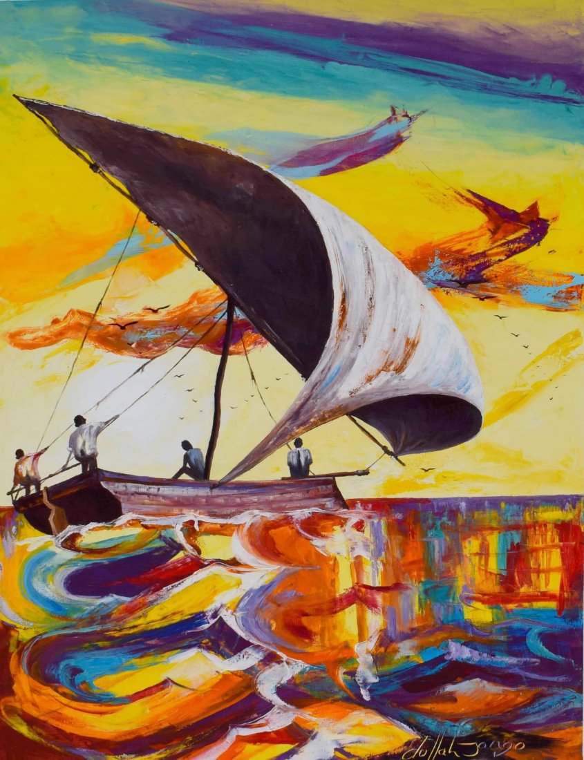 African painting of a sailboat
