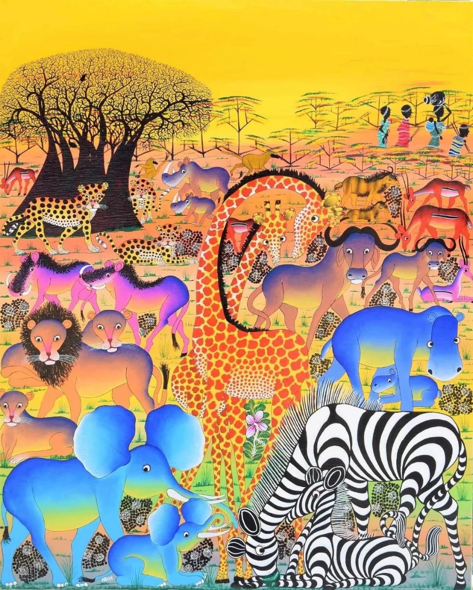 african painting of many animals enjoying summer for sale
