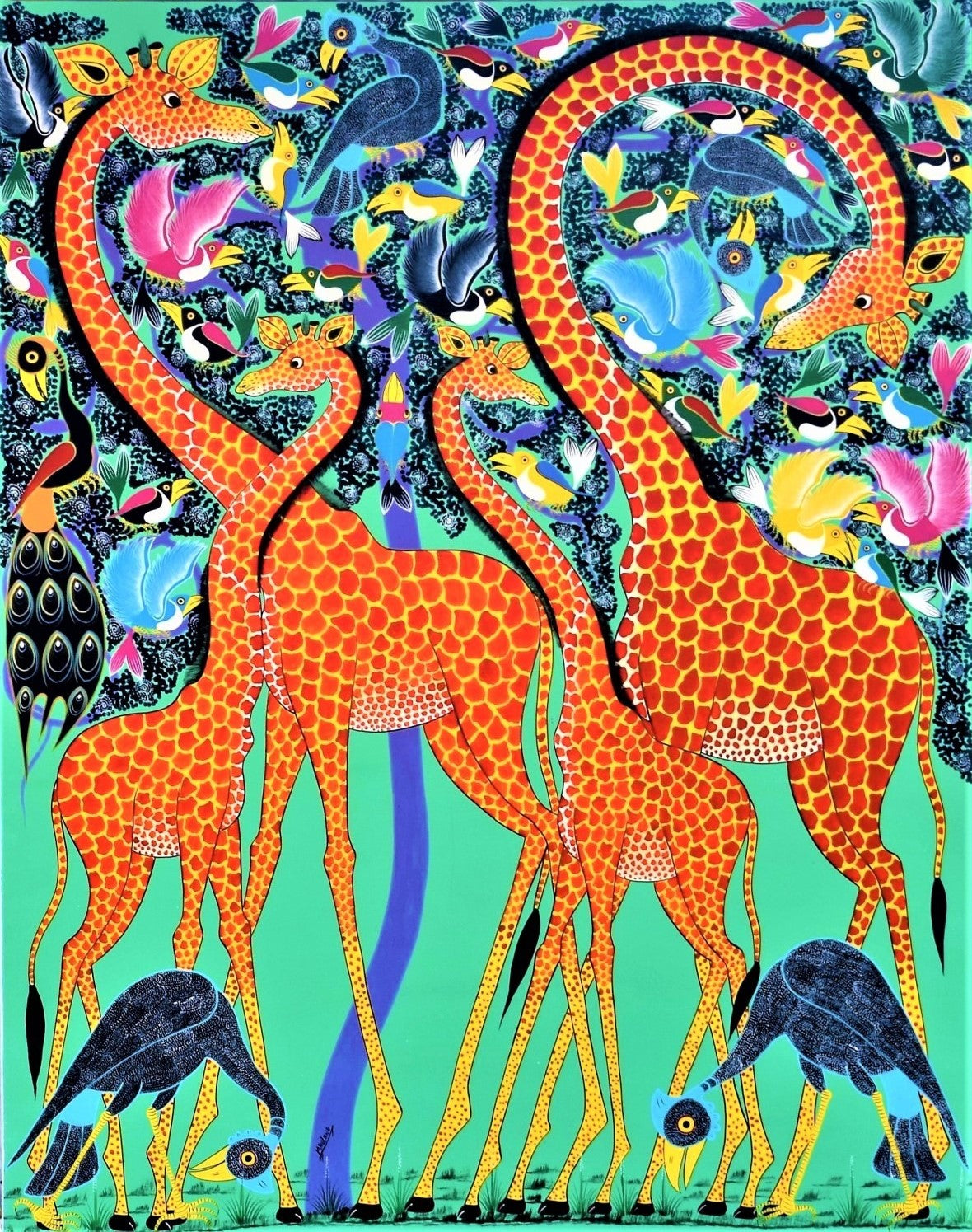 African painting of  giraffes and flowers for sale