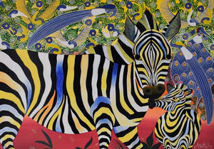African painting of two abstract zebras
