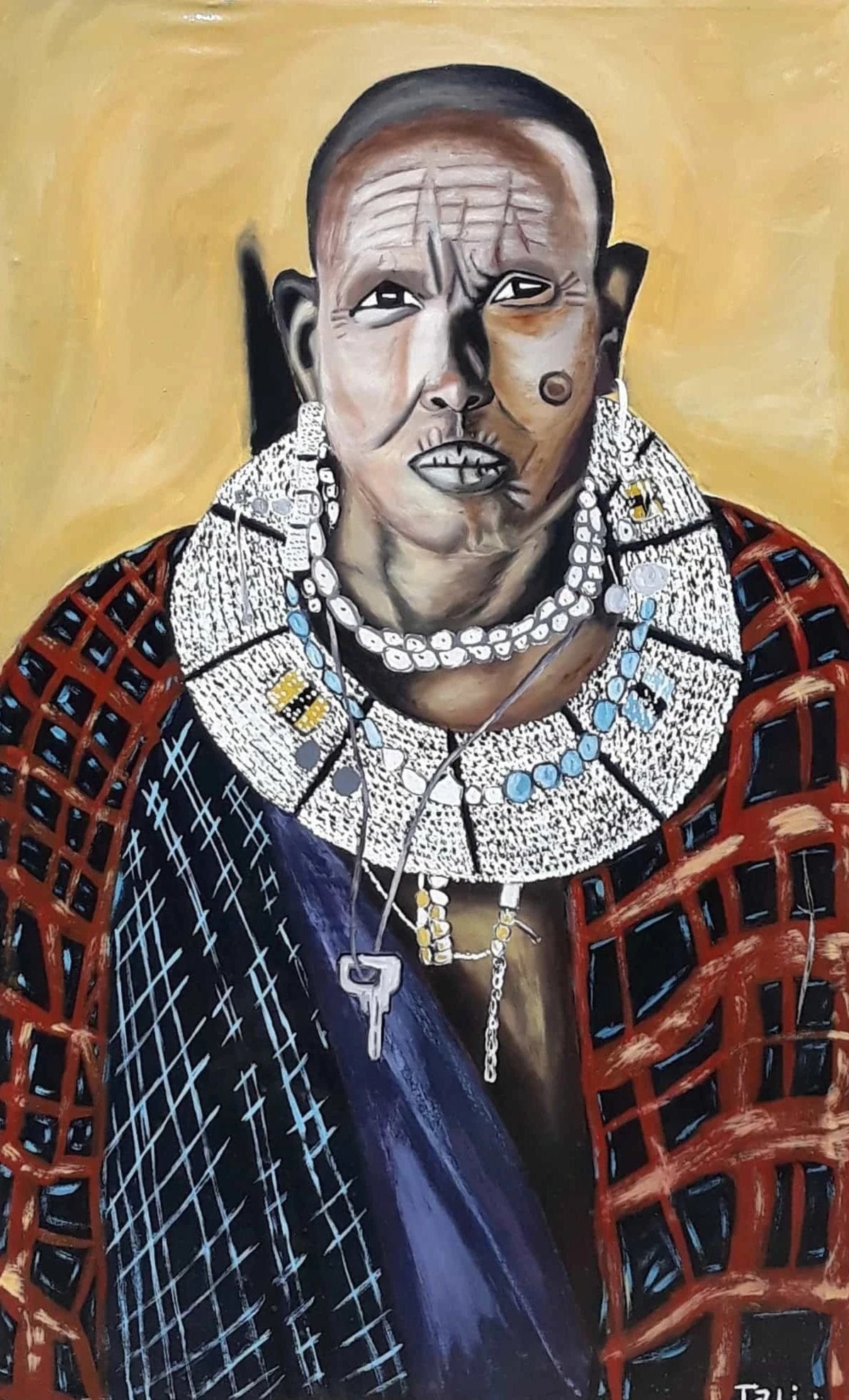 A handmade African painting of a Maasai man wearing Maasai clothes 