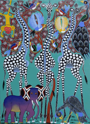 African painting of three white giraffes and an elephant