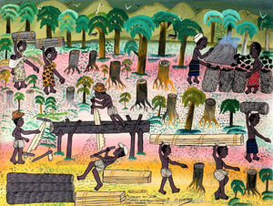african painting of people cutting down trees